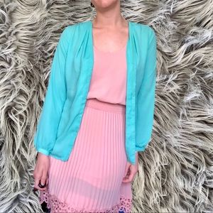 Charming Charlie Chiffon Pastel Turquoise Collarless Button Down, Size S
